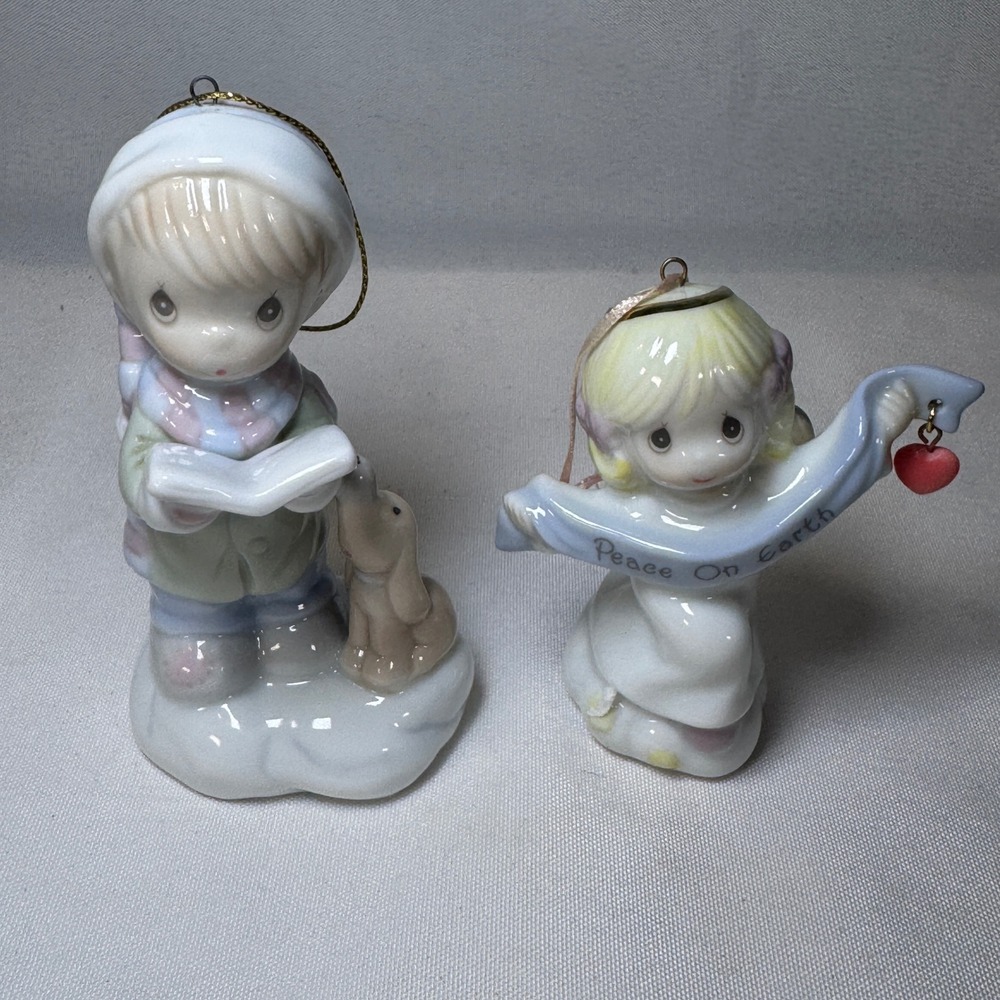 Precious Moments Enesco 1998 Christmas Ornaments Peace On Earth Boy Dog Set of 2